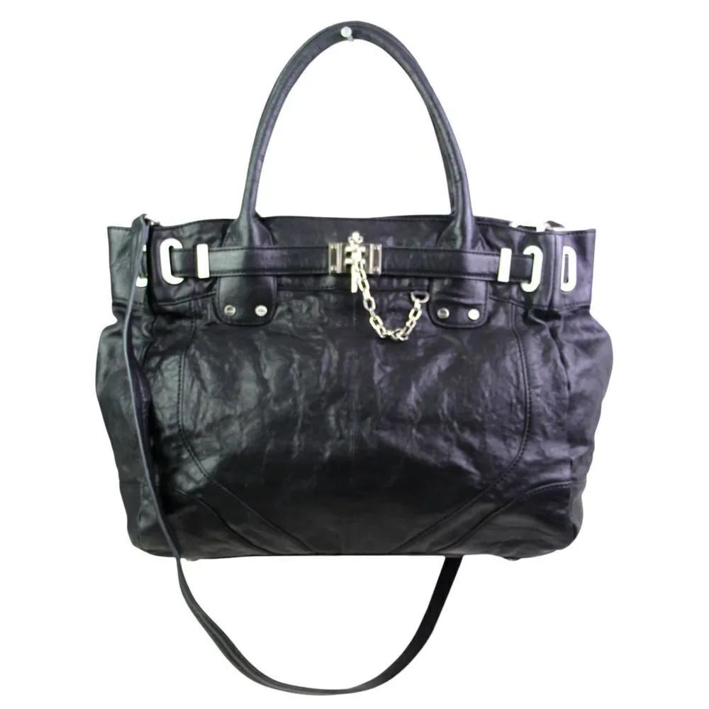Rachel Zoe BLACK GENUINE LEATHER SHOULDER BAG X-BODY BUSINESS HANDBAG TOTE PURSE